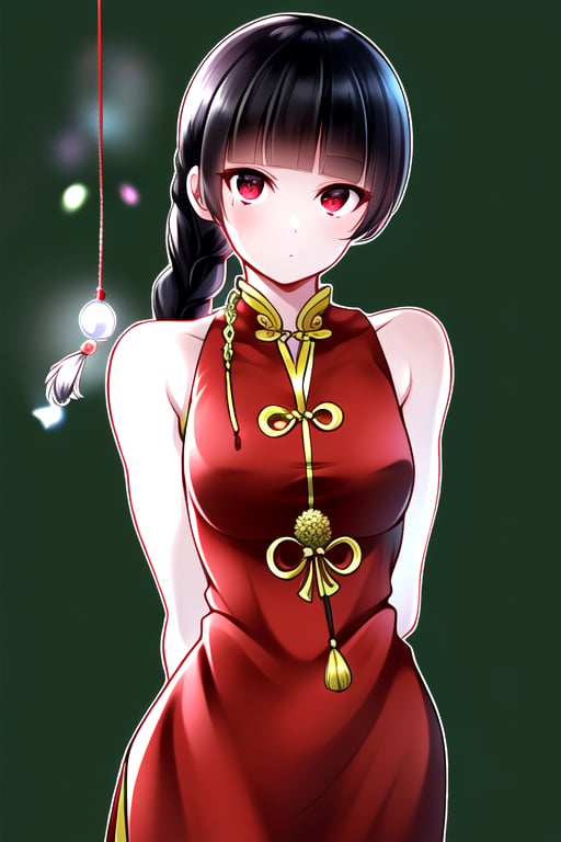 masterpiece, best quality, (solo:1.1), 1girl ,looking at viewer,(arms behind back :1.3),  collarbone,sleeveless dress, , red chinese dress,black long pants, black hair,curvy,black obi,(single braid:1.3),wind_chime theme