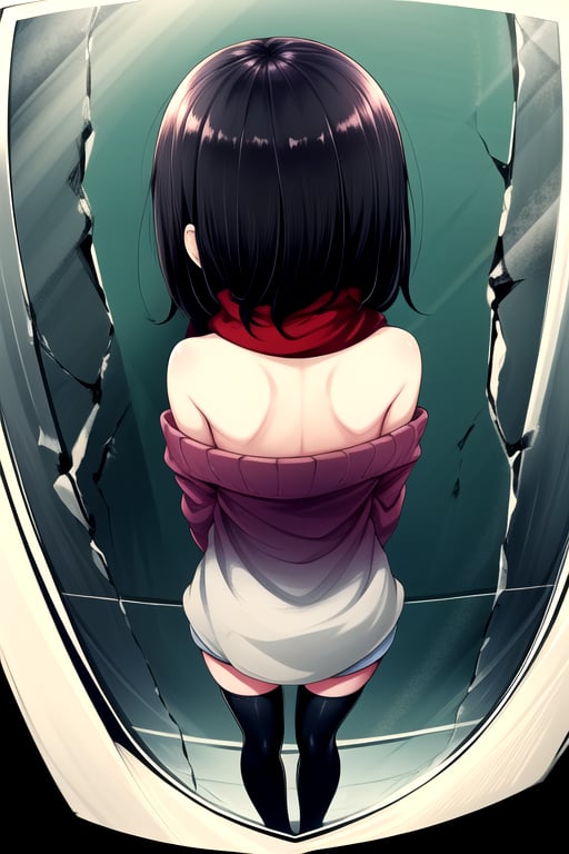 masterpiece, best quality, (solo:1.1), 1girl , arms behind back,looking_at_viewer,horror theme,sweater,(mini_girl:1.3), off_shoulder,loli,black stockings, reflection,broken glass,red scarf,short_hair,