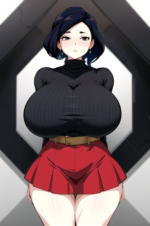 masterpiece, best quality, (solo:1.3),gigantic_breast, in ice of cube ,arms behind back,short_hair, black_hair, black_eyes, looking_at_viewer, half-closed_eyes,red skirt,curvy,blue turtleneck,long_sleeves,belt,