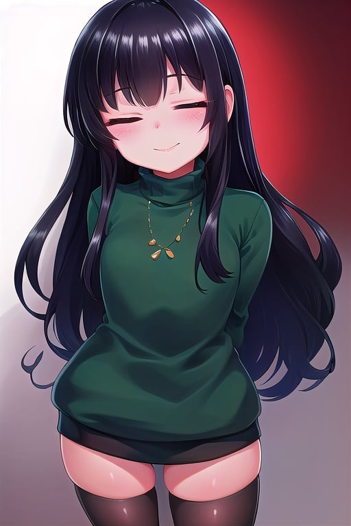 masterpiece, best quality, solo, 1girl, (arms behind back:1.1),loli,dark tunnel,looking at viewer,long_hair,  black_hair, closed_eyes,green sweater,smile,  sleeves_past_wrists,  turtleneck, closed_mouth, bangs, long_sleeves,stockings