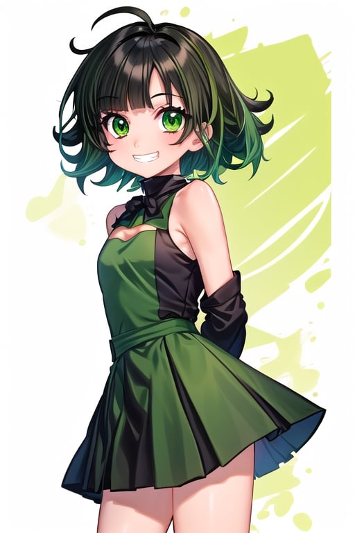 masterpiece, best quality,solo,1girl, looking at viewer, arms behind back,(buttercup),loli,green and black style,green skirt,bare_legs,green bodysuit,black_hair,bare_shoulders,green eyes,grin,messy hair,black waistband,short_hair,colored inner hair, mesugaki, 