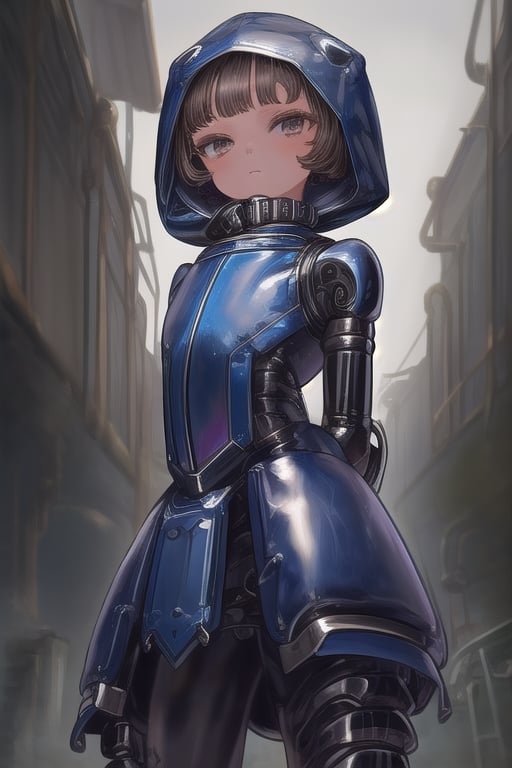 masterpiece, best quality,1girl, (solo:1.1), in sanke style,arms behind back , looking_at_viewer,sanke  hood,factory background , loli,mechanical suit,,short_hair,exoskeleton,collared,