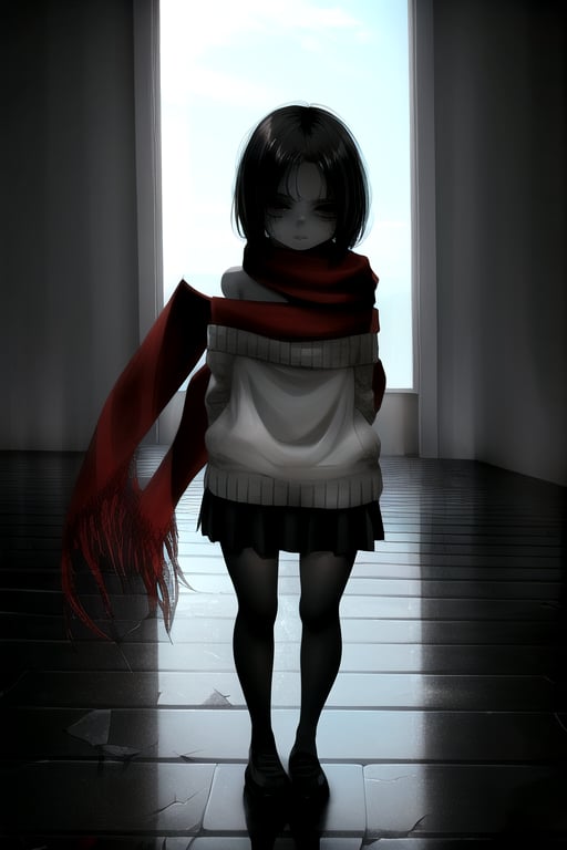 masterpiece, best quality, (solo:1.1), 1girl , arms behind back,looking_at_viewer,horror theme,sweater,(mini_girl:1.3), off_shoulder,loli,black stockings, reflection,broken glass,red scarf,short_hair