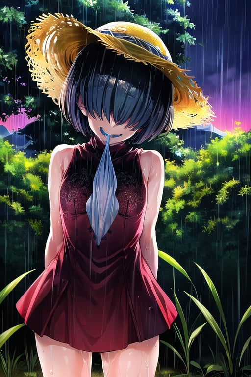 masterpiece, best quality, solo, 1girl,arms behind back,loli,,rain, small_breast, smile,(dusk:1.3), Beside the rice fields,black_hair red dress,straw hat,wet_clothes,short_hair,hair over eyes