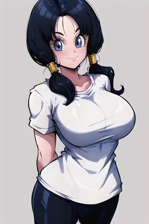 masterpiece, best quality, solo, 1girl, (arms behind back:1.1),brick wall,looking at viewer,smile,gigantic_breast, blue eyes, black hair,twintails, badge, white shirt, bike_shorts,videl2