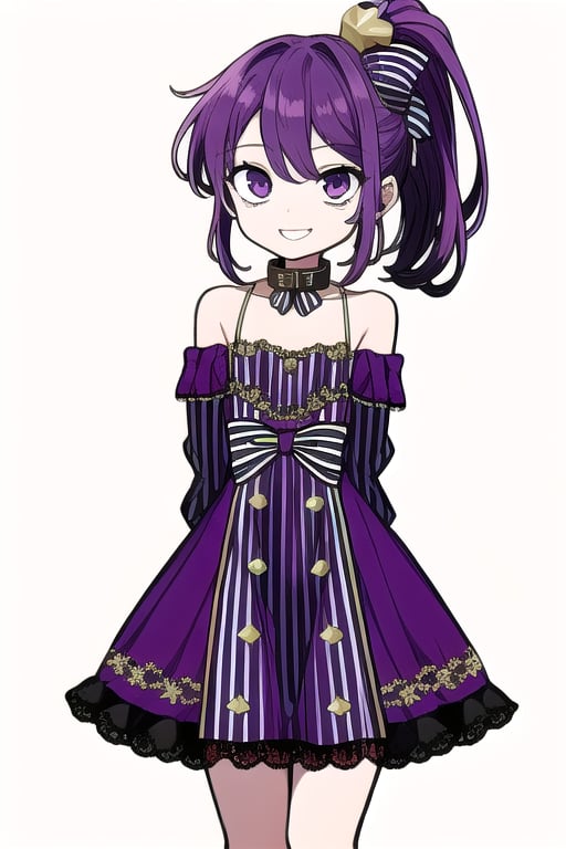 masterpiece, best quality, (solo:1.3), 1girl , arms behind back,looking_at_viewer,loli,mini_girl,purple_hair,long_sleeves,long_ponytail,smile,sleeveless dress, whitedress, flat chest,hair_ornament, bowtie, collar, off_shoulder, lace, striped,in fashion show,on catwalk