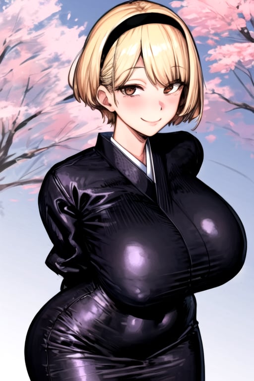 masterpiece, best quality, (solo:1.3),1girl,flowers on the other side,hairband,black japan dress,obi, tomboy,,arms_behind_back,,black_hair,looking_at_viewer,gigantic_breast,seductive smile, long_sleeves,blonde,oversized_clothes