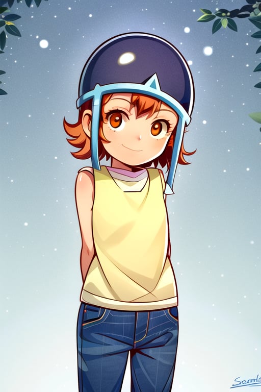 masterpiece, best quality, (solo:1.3), 1girl , arms behind back,looking_at_viewer, orange_hair, smile,SoraDef, orange eyes, sleeveless, shirt, jeans, helmet, short hair,yellow shirt,loli,blue forest background,