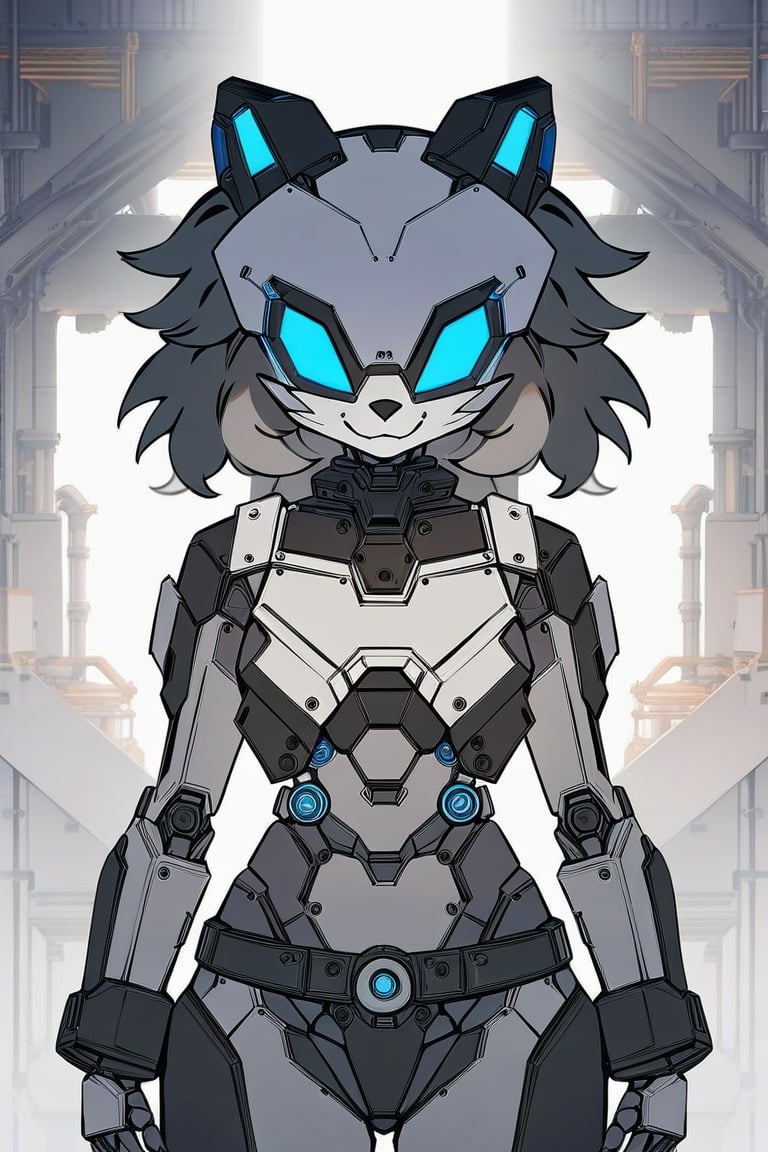 masterpiece, best quality,1girl, (solo:1.3), in gray and  black  style,looking_at_viewer,(hedgehog mask:1.1),mechanical suit,belt,bilateral symmetry, factory background,all_four ,(loli :1.2),mechanical furry girl,