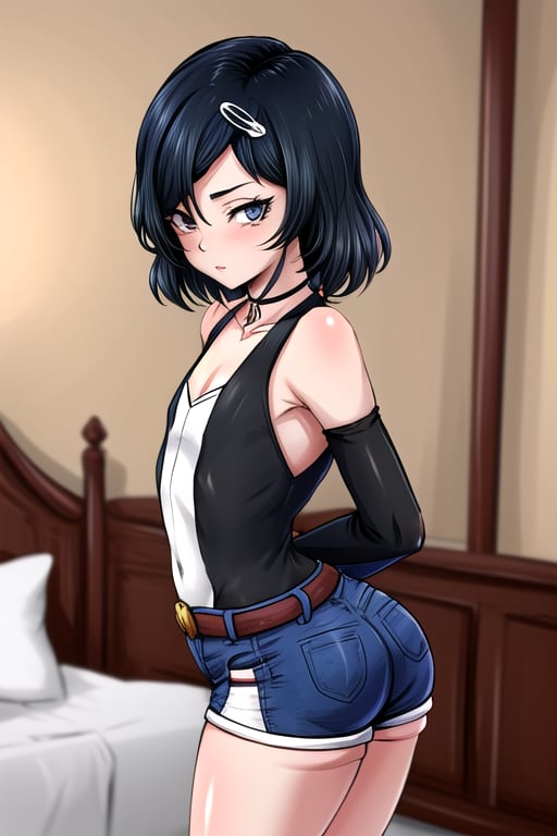 masterpiece, best quality,solo, cosplay, little boy, yaoi, medium hair, black  hair, in bedroom,  hair clip, beautiful detailed eyes, looking at viewer, black eyes, high - waist shorts, detached_sleeves, arms behind back ,ruka urushibara,choker