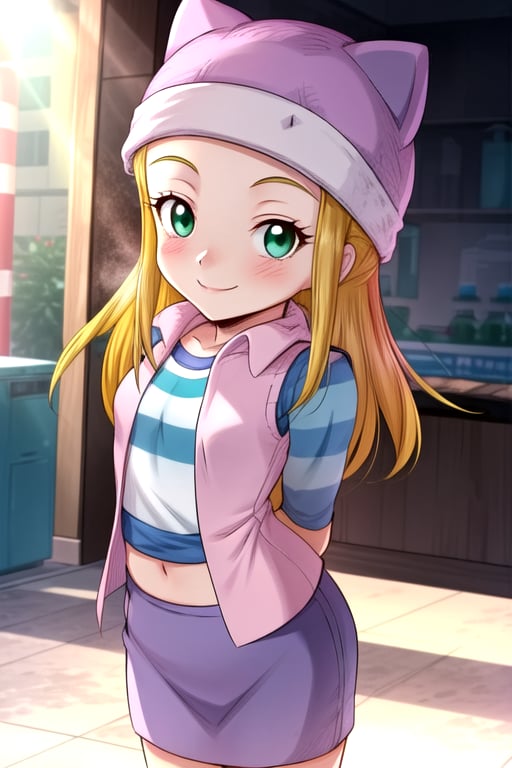 masterpiece, best quality, (solo:1.3), 1girl, loli, arms behind back,looking_at_viewer,OrimotoIzumi,  purple vest,horizontal striped shirt, beanie, cat hat, green eyes, purple  skirt,smile, blonde,