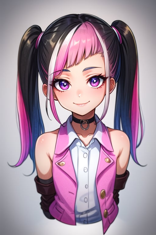 masterpiece, best quality,solo, cosplay, 1girl, black  hair,little girl,loli,mesugaki,looking at viewer,smile,in dark hole, arms behind back ,choker,off_shoulders,pink  streaked hair, twin_tails,collared_shirt,cropped_jacket,blue elbow_gloves