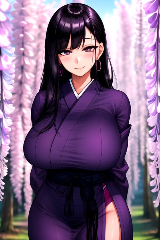 masterpiece, best quality, (solo:1.1), 1girl , arms behind back,looking_at_viewer,japan_dress,black hair,gigantic_breasts,white bows,wisteria forest background,symmetrical,in purple and black style,obi,smile,curvy,long_sleeves,long hair