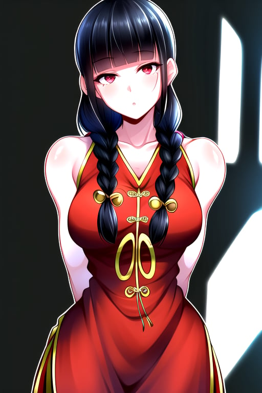 masterpiece, best quality, (solo:1.1), 1girl ,looking at viewer,(arms behind back :1.3),  collarbone,sleeveless dress, , red chinese dress,black long pants, black hair,curvy,black obi,(single braid:1.3),wind_chime theme