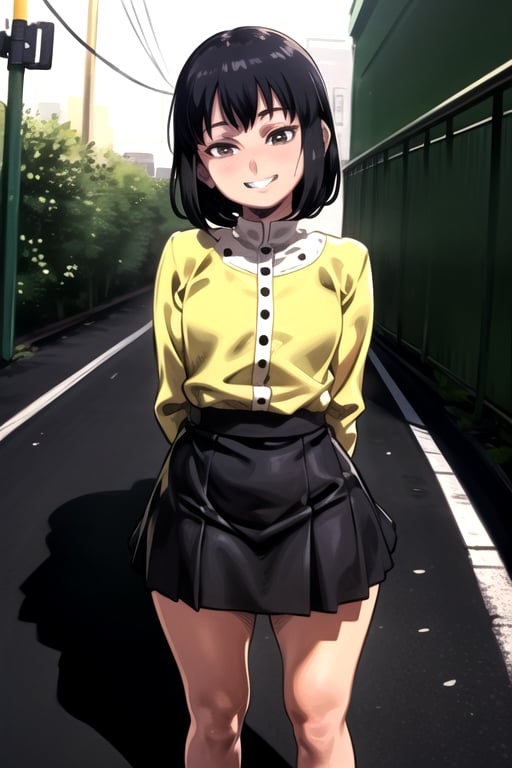 masterpiece, best quality, (solo:1.1), 1girl ,looking at viewer,in yellow and black style,( arms behind back :1.3),(loli:1.3),black hair, mesugaki, ,military ,smile,scenery,  tunnel background