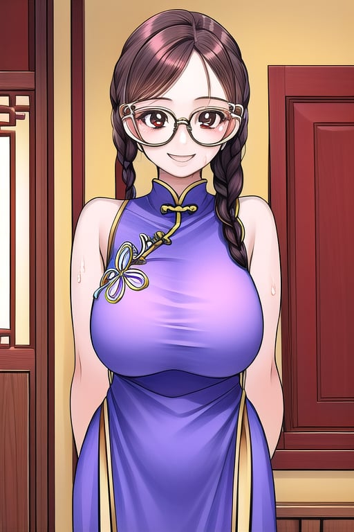 masterpiece, best quality,solo,1girl, looking at viewer, arms behind back,chinese_dress,in wooden room,,wet,gigantic_breast,smile,glasses,blueberry background,braid