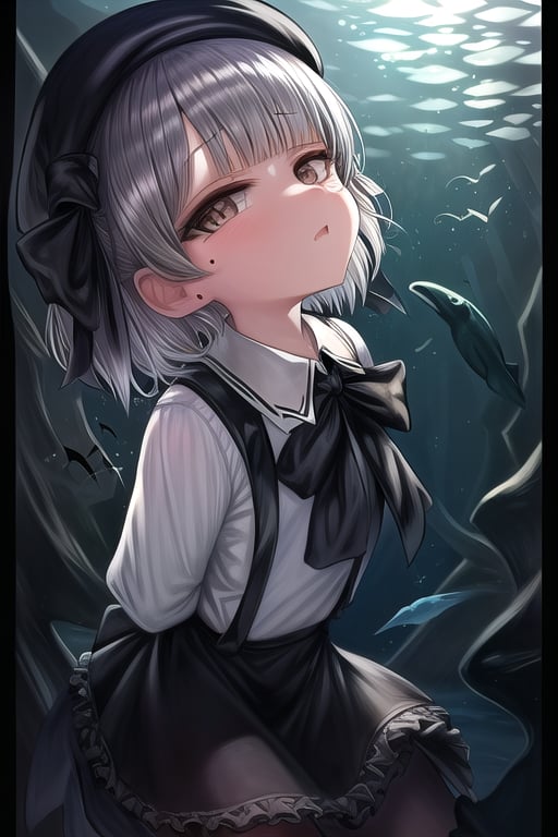 masterpiece, best quality,solo,1girl, looking at viewer, arms behind back , dark night theme,loli,suspender_skirt,  brown_eyes,  long_sleeves, aquarium background, collared_shirt,  black_ribbon, bow, mole_under_eye, beret,gray hair