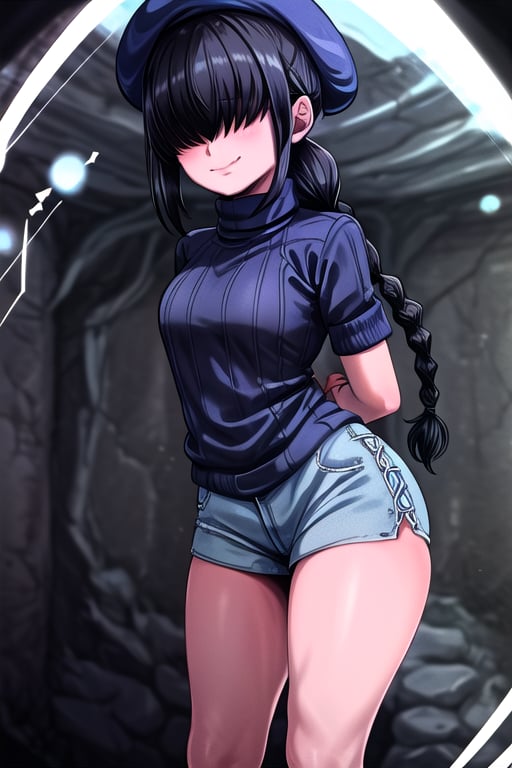 masterpiece, best quality, solo, 1girl, (arms behind back:1.1),loli,dark tunnel,looking at viewer,long_hair,  black_hair, (blue sweater:1.3),smile,  red beret,short sleeves,  turtleneck, closed_mouth, dark_skin,coverd_eyes,bare legs,long_braid,(single_braid:1.2),Hair over eyes