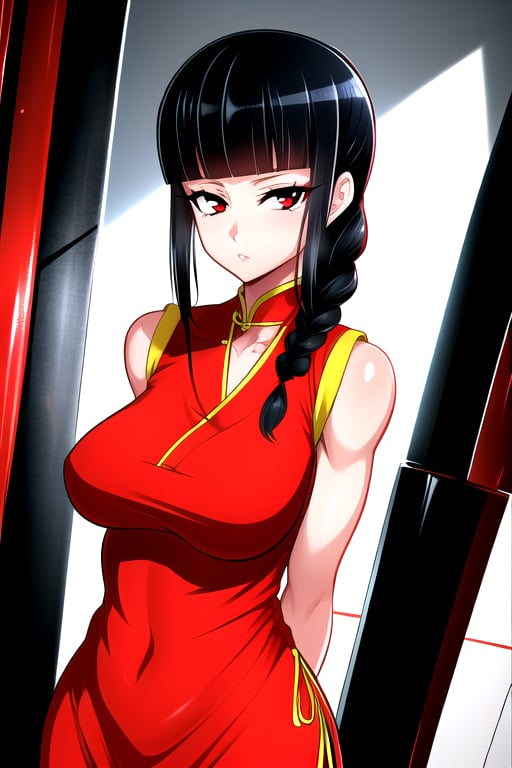 masterpiece, best quality, (solo:1.1), 1girl ,looking at viewer,(arms behind back :1.3),  collarbone,sleeveless dress, , red chinese dress,black long pants, black hair,curvy,black obi,(single braid:1.3),wind_chime theme