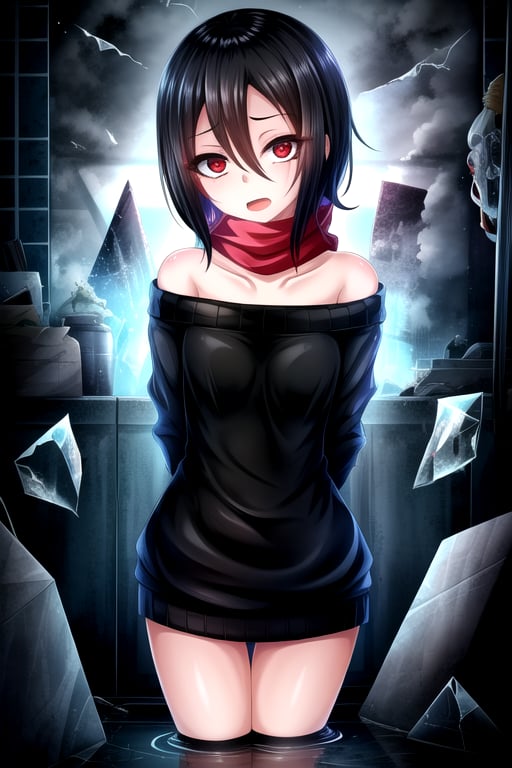 masterpiece, best quality, (solo:1.1), 1girl , arms behind back,looking_at_viewer,horror theme,sweater,(mini_girl:1.3), off_shoulder,loli,black stockings, reflection,broken glass,red scarf,short_hair,