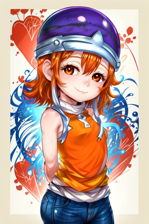 masterpiece, best quality, (solo:1.3), 1girl , arms behind back,looking_at_viewer, orange_hair, smile,SoraDef, orange eyes, sleeveless, shirt, jeans, helmet, short hair,yellow shirt,loli,data streaming background