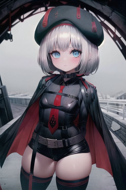 masterpiece, best quality, solo, 1girl, (arms behind back:1.1),loli,dark tunnel,looking at viewer, vesti (nikke),red necktie, black thighhighs, cape, long sleeves, beret, black shorts,tactics_belt