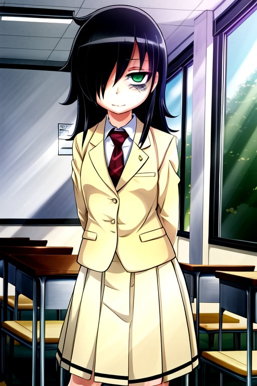 masterpiece, best quality, (solo:1.3), 1girl , arms behind back,looking_at_viewer,long hair, black-hair,hair over in one eye,school uniform, classroom,bags under eyes, watamote,loli,necktie, yellow jacket,yellow skirt ,green-eyes,embarassed endured_face, ahegao, 