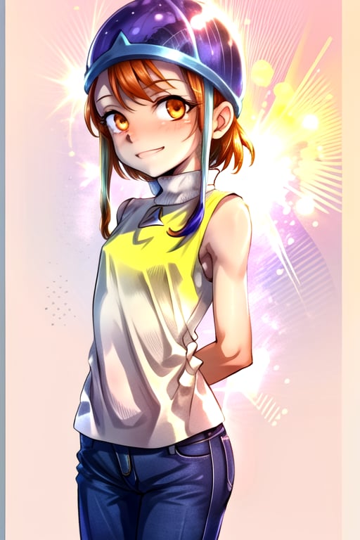 masterpiece, best quality, (solo:1.3), 1girl , arms behind back,looking_at_viewer, orange_hair, smile,SoraDef, orange eyes, sleeveless, shirt, jeans, helmet, short hair,yellow shirt,loli,data steam background