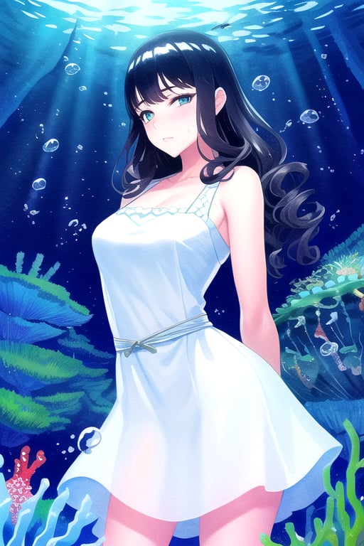 masterpiece, best quality, (solo:1.1), 1girl ,looking at viewer,( arms behind back :1.3),fish, stairs, scenery, black hair,  underworld, like aquarium, white sleeveless dress, obi, long wavy hair, underwater,  wide shot, jellyfish,  bubble, coral, underworld,watercolor,Underwater world,