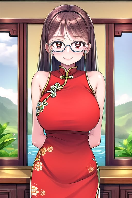 masterpiece, best quality,solo,1girl, looking at viewer, arms behind back,chinese_dress,in wooden room,,wet,gigantic_breast,smile,glasses,blueberry background