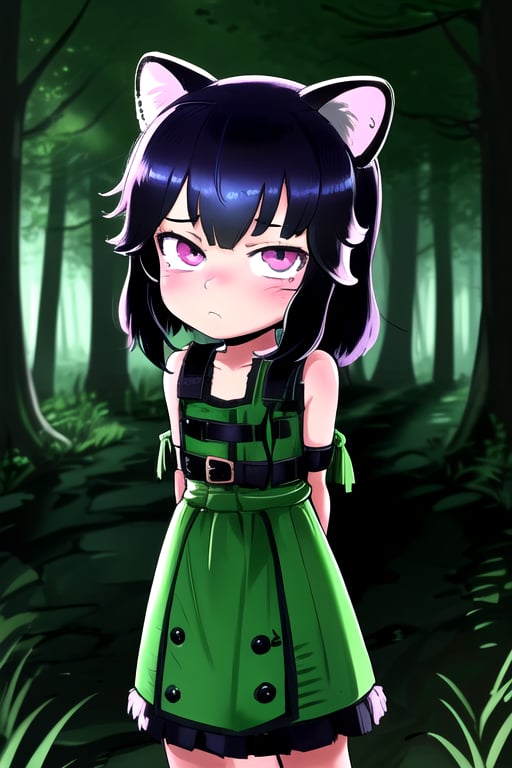 masterpiece, best quality, solo,looking at viewer, 1girl, raccoon dog girl, arms behind back , looking at viewer, various fluttering ribbons,in forest ,(loli:1.3), in black and green style, night, eyes glowing,belt,