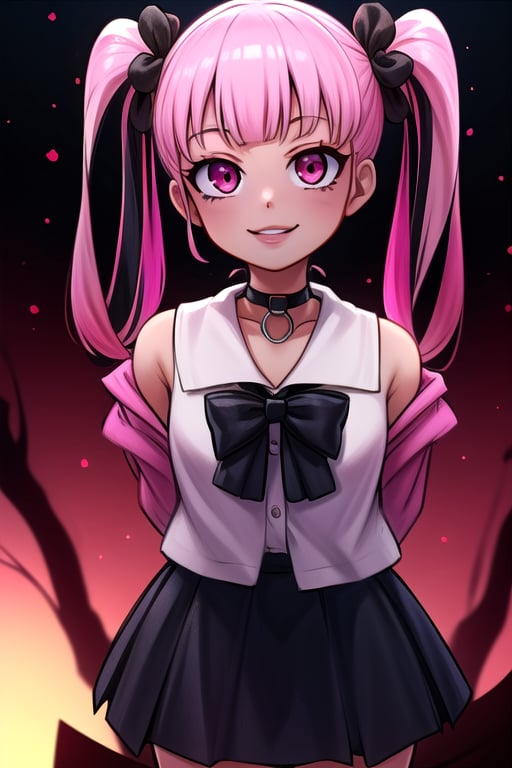 masterpiece, best quality,solo, cosplay, 1girl, black  hair,little girl,loli,mesugaki,looking at viewer,smile,in dark hole, arms behind back ,choker,off_shoulders,pink streaked hair, twin_tails,collared_shirt,cropped_jacket,blue skirt,