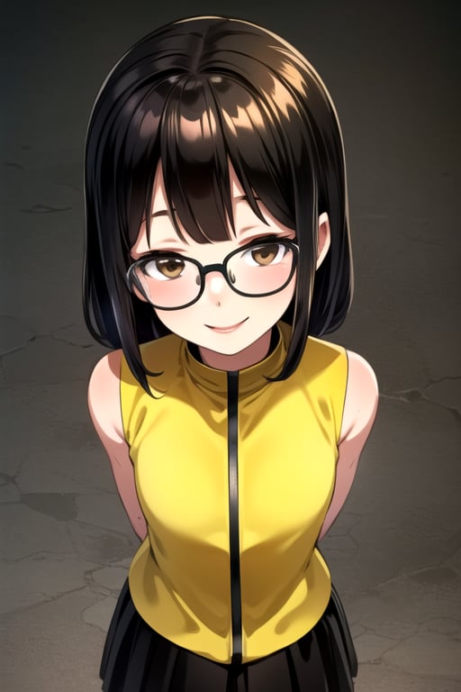 masterpiece, best quality, (solo:1.1), 1girl ,in yellow and black style,( arms behind back :1.3),(loli:1.3),black hair, factory background,fusion of honeycomb and dress,smile,glasses,loli,from above, 