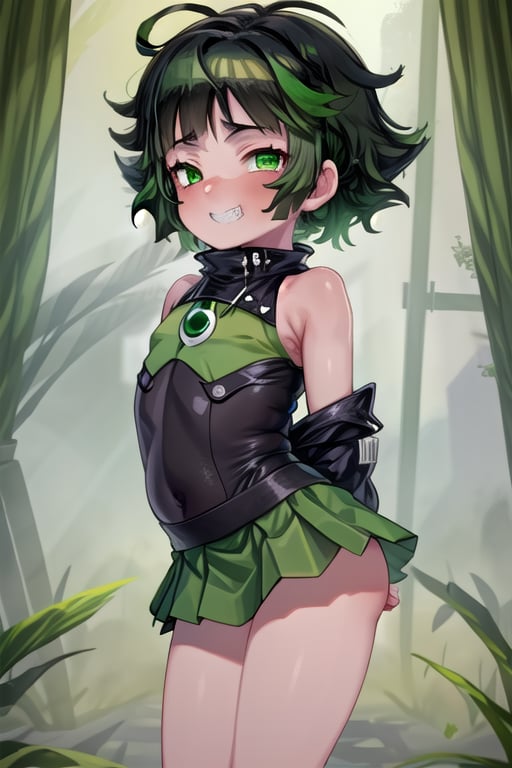 masterpiece, best quality,solo,1girl, looking at viewer, arms behind back,(buttercup),loli,green and black style,green skirt,bare_legs,green bodysuit,black_hair,bare_shoulders,green eyes,grin,messy hair,black waistband,short_hair,colored inner hair, mesugaki, 