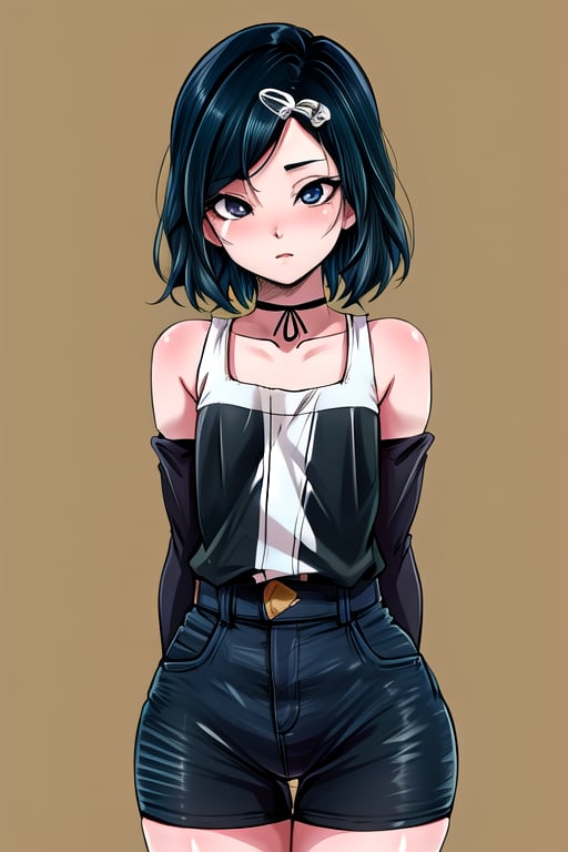 masterpiece, best quality, cosplay, little boy, yaoi, medium hair, black  hair, asymmetrical hair,  hair clip, beautiful detailed eyes, looking at viewer, black eyes, high - waist shorts, detached_sleeves, arms behind back ,ruka urushibara,choker