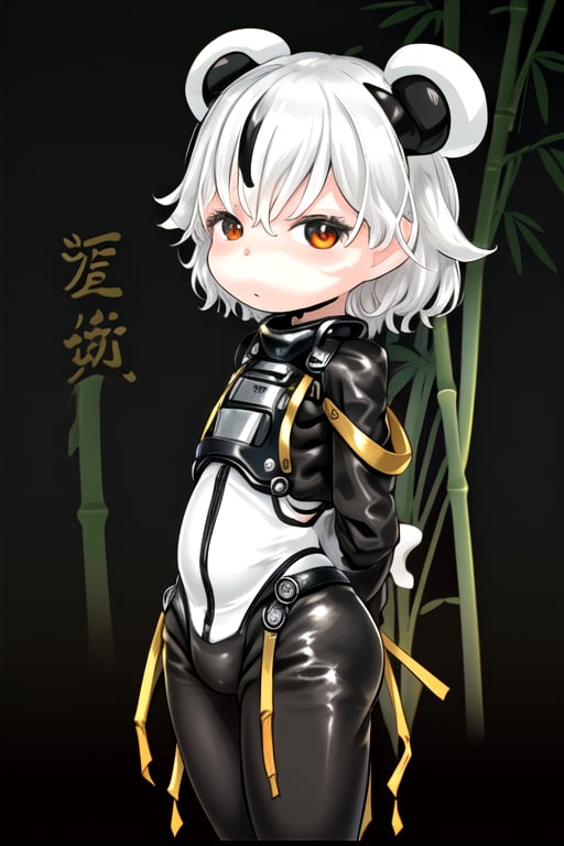 masterpiece, best quality,1girl, (solo:1.3), in white and  black style,arms behind back , looking_at_viewer, panda mask, bodysuit,bamboo forest background , loli,short_hair,belt,messy_hair,exoskeleton suit