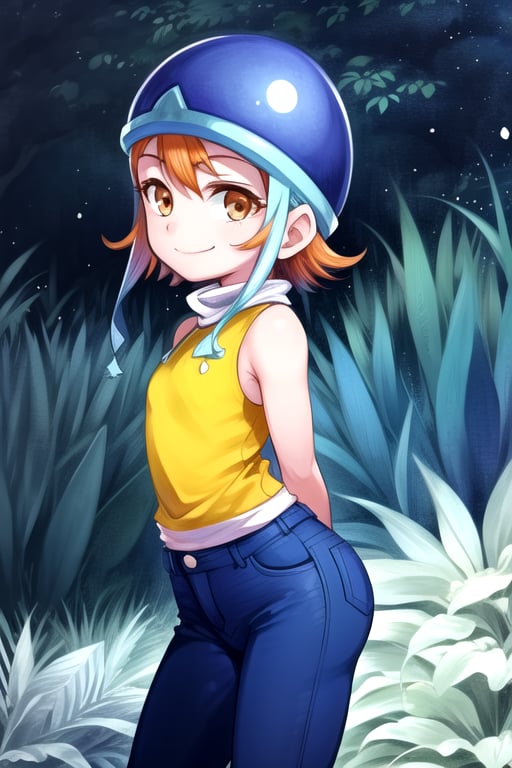 masterpiece, best quality, (solo:1.3), 1girl , arms behind back,looking_at_viewer, orange_hair, smile,SoraDef, orange eyes, sleeveless, shirt, jeans, helmet, short hair,yellow shirt,loli,blue forest background,