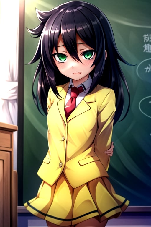 masterpiece, best quality, (solo:1.3), 1girl , arms behind back,looking_at_viewer,long hair, black-hair,hair over in one eye,school uniform, classroom,bags under eyes, watamote,loli,necktie, yellow jacket,yellow skirt ,green-eyes,embarassed endured_face, ahegao, 