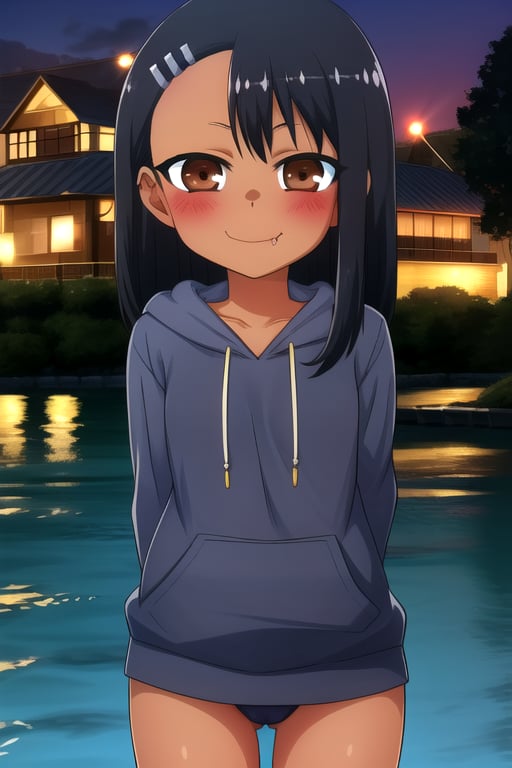 masterpiece, best quality, (solo:1.3), 1girl , arms behind back,looking_at_viewer,(loli:1.3),dusk,lake,black hoodie,black hair,dark skin, hairclip, brown eyes, hairclip,nagatoro hayase,cute_fang,smile,