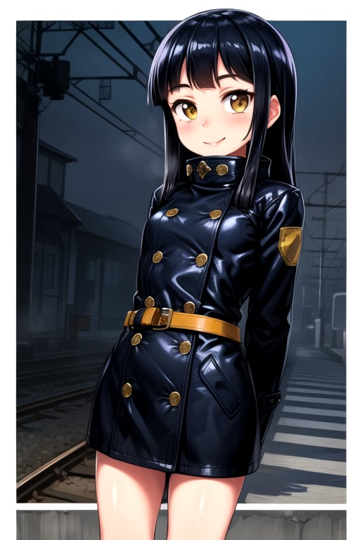 masterpiece, best quality, (solo:1.3), 1girl ,in yellow and black style,dusk,( arms behind back , :1.3),(loli:1.3),train station,black hair, long hair,bee pattern oversized coat,open coat ,belt,smile,lab background