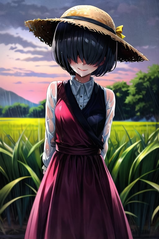 masterpiece, best quality, solo, 1girl,arms behind back,loli,,rain, small_breast, smile,(dusk:1.3), Beside the rice fields,black_hair red dress,straw hat,wet_clothes,short_hair,hair over eyes