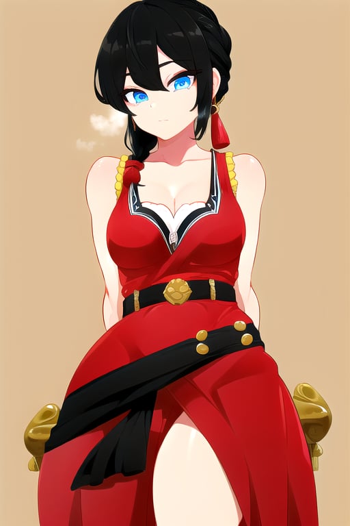 masterpiece, best quality, (solo:1.1), 1girl ,looking at viewer,(arms behind back :1.3),  collarbone, blue eyes,sleeveless dress, , red chinese dress,black long pants, black hair,curvy,belt,single braid