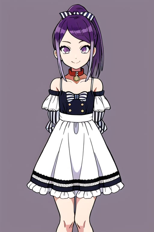 masterpiece, best quality, (solo:1.3), 1girl , arms behind back,looking_at_viewer,loli,mini_girl,purple_hair,long_sleeves,long_ponytail,smile,sleeveless dress, whitedress, flat chest,hair_ornament, bowtie, collar, off_shoulder, lace, striped,in fashion show,on catwalk