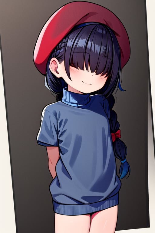 masterpiece, best quality, solo, 1girl, (arms behind back:1.1),loli,dark tunnel,looking at viewer,long_hair,  black_hair, (blue sweater:1.3),smile, ( red beret:1.2),short sleeves,  turtleneck, closed_mouth, dark_skin,coverd_eyes,bare legs,long_braid,(single_braid:1.2),Hair over eyes