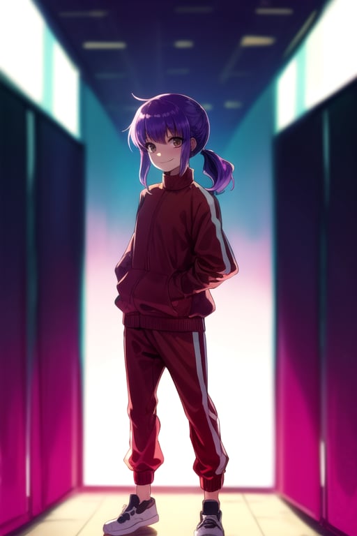 masterpiece, best quality, (solo:1.3), 1girl , arms behind back,looking_at_viewer,loli,mini_girl,purple_hair,roof
 background,red tracksuit,long_sleeves,long_ponytail,smile,(oversized_clothing:1.3)