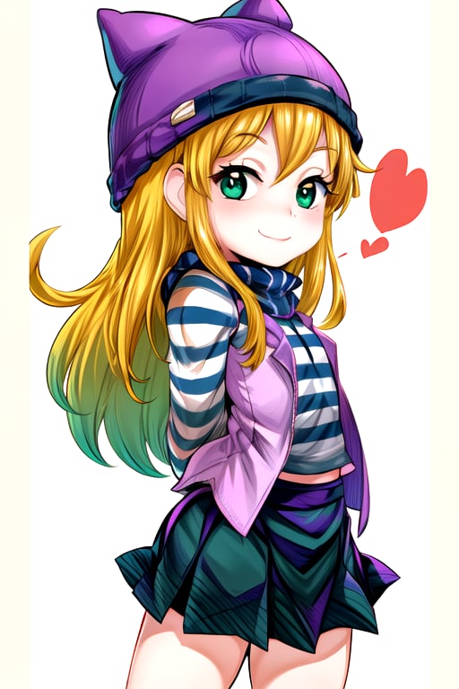 masterpiece, best quality, (solo:1.3), 1girl, loli, arms behind back,looking_at_viewer,OrimotoIzumi,  purple vest,horizontal striped shirt, beanie, cat hat, green eyes, purple  skirt,smile, blonde,