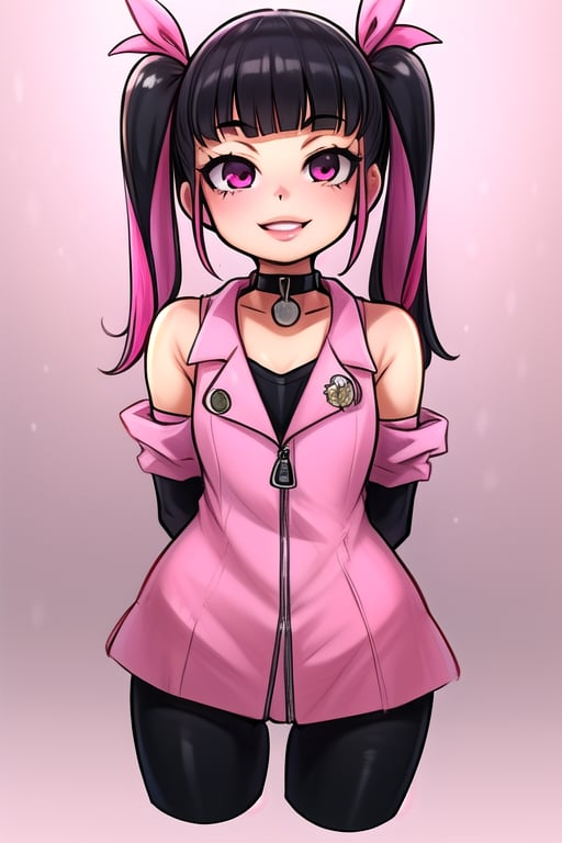 masterpiece, best quality,solo, cosplay, 1girl, black  hair,little girl,loli,mesugaki,looking at viewer,smile,in dark hole, arms behind back ,choker,off_shoulders,pink  streaked hair, twin_tails,collared_shirt,cropped_jacket,blue elbow_gloves,