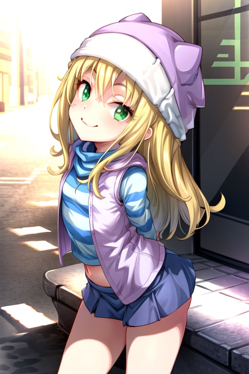 masterpiece, best quality, (solo:1.3), 1girl, loli, arms behind back,looking_at_viewer,OrimotoIzumi,  purple vest,horizontal striped shirt, beanie, cat hat, green eyes, purple  skirt,smile, blonde,