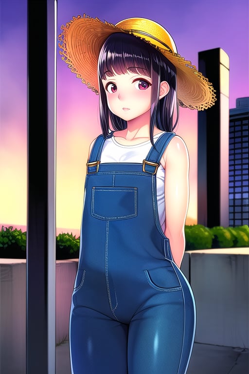 masterpiece, best quality, (solo:1.3),loli,golden hour lighting,street corner,big straw hat,arms_behind_back,dungarees only,,black_hair,looking_at_viewer,