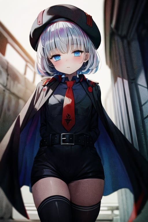 masterpiece, best quality, solo, 1girl, (arms behind back:1.1),loli,dark tunnel,looking at viewer, vesti (nikke),red necktie,black bodysuit, black thighhighs, cape, long sleeves, beret, black shorts,belt